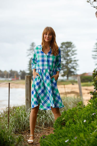 3/4 Sleeve Tiered Dress - Blue/Green/White | Seesaw