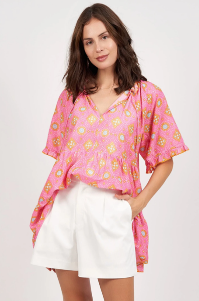 Matilda Short Sleeve Top - Bandhani - Pink | Naudic