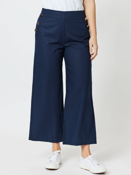 Linen Blend Wide Leg Sailor Pant - Navy | Threadz