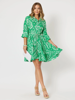 Hola Cotton Print Long Sleeve Godet Short Dress - Green | Threadz