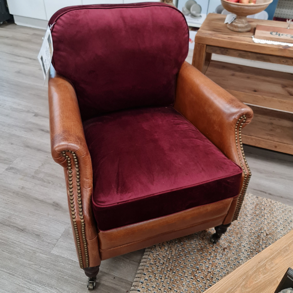 Fuscal Aged Leather Arm Chair | Velor Seat