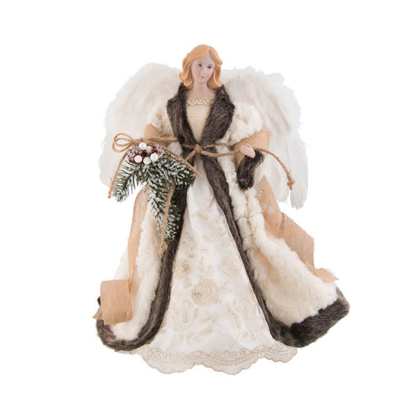 Fabric Angel Tree Topper - Brown/Cream Fur Coat | 40cm